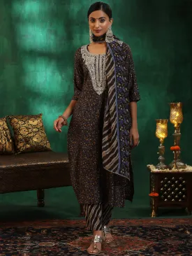 Black Printed Silk Blend Straight Suit With Dupatta
