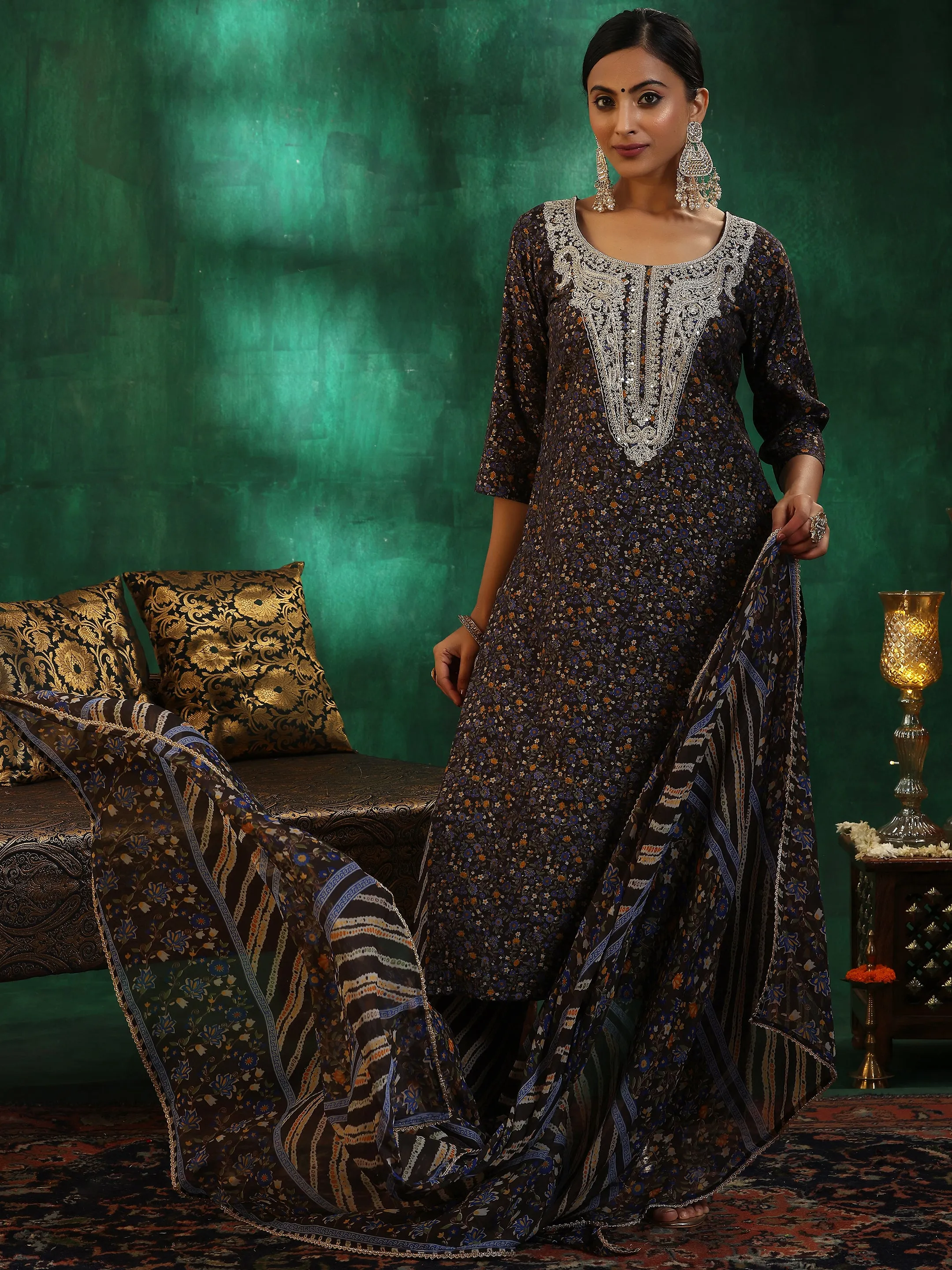 Black Printed Silk Blend Straight Suit With Dupatta