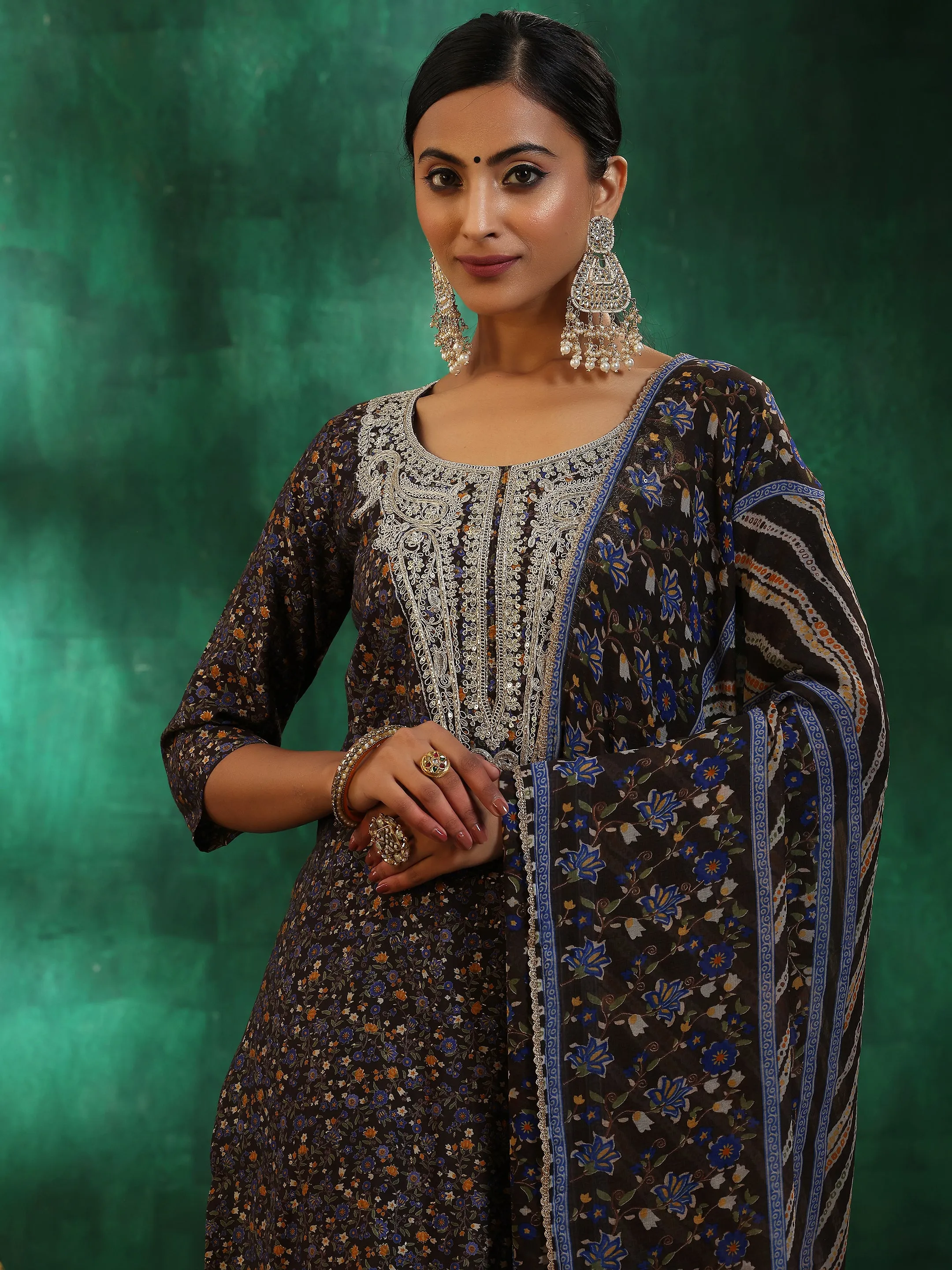Black Printed Silk Blend Straight Suit With Dupatta