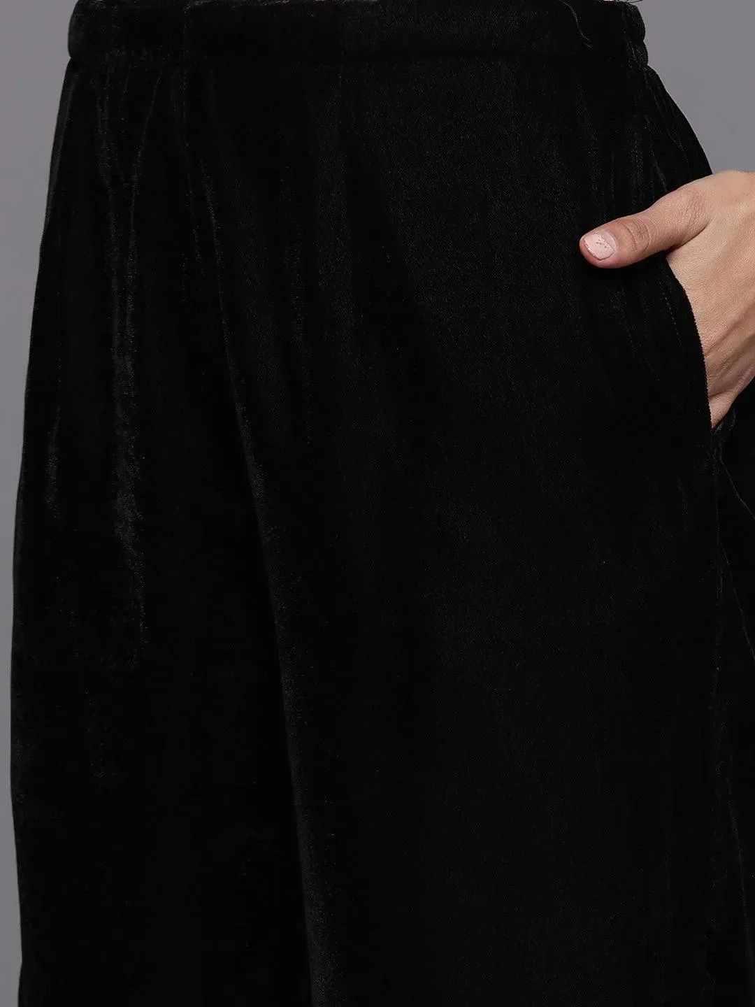 Black Solid Velvet Straight Kurta With Dupatta