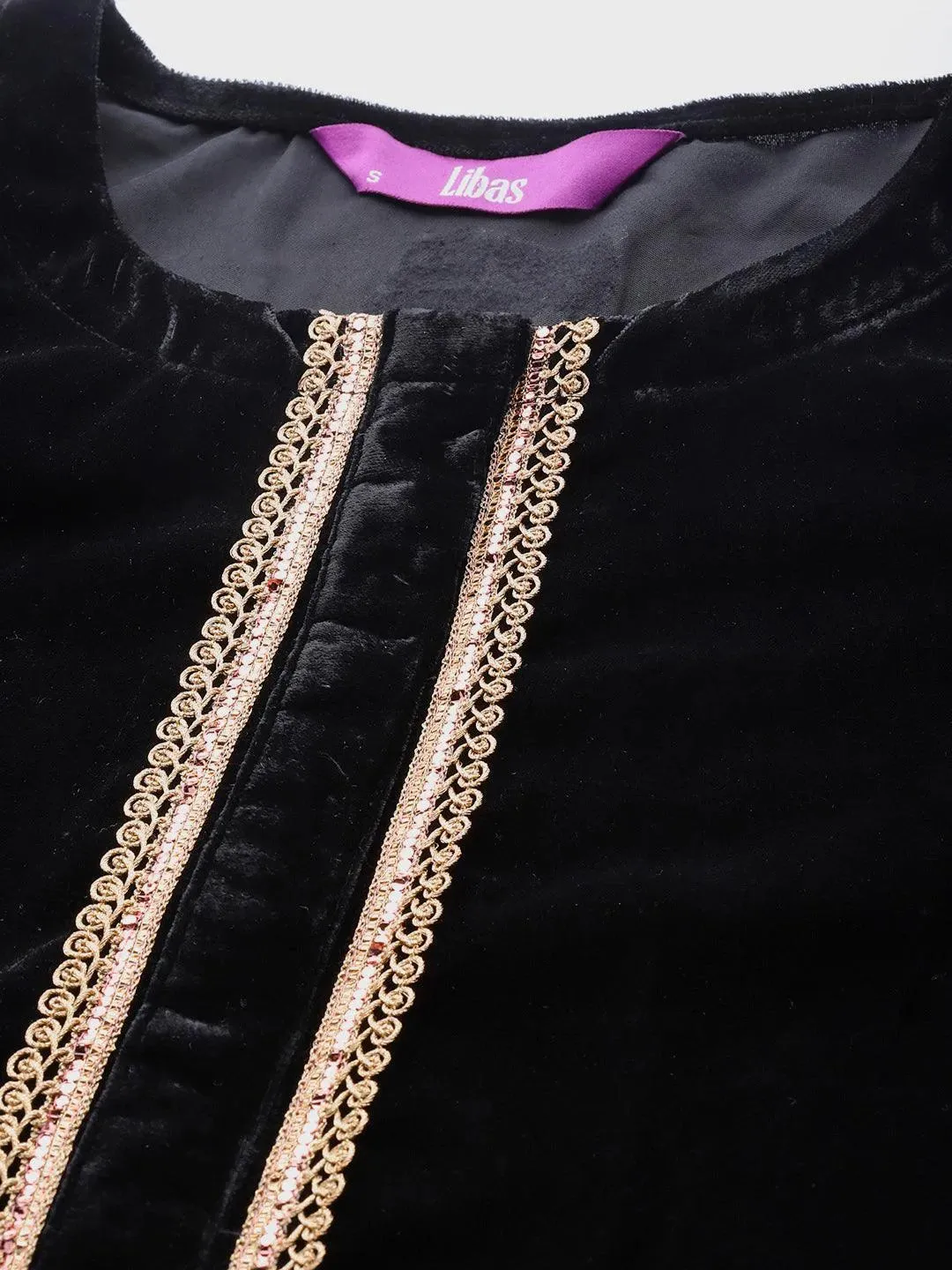 Black Solid Velvet Straight Kurta With Dupatta