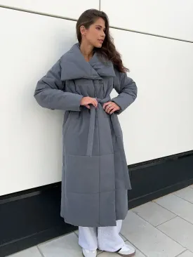 Bornladies Frauen Lose Steppjacken Parkas Wintermäntel Übergroße Warme Lange Gürtel Pufferjacken Damen Baumwolle Gefütterte Jacke