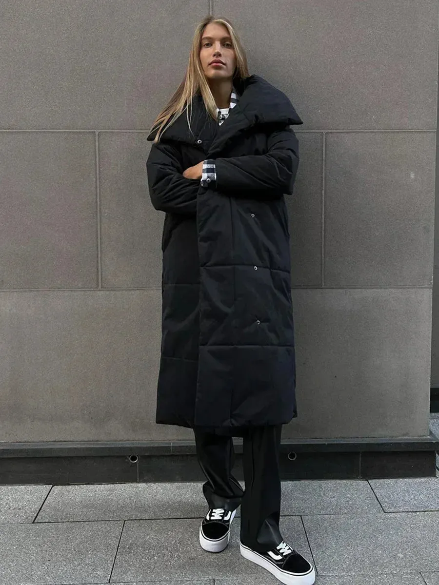 Bornladies Frauen Lose Steppjacken Parkas Wintermäntel Übergroße Warme Lange Gürtel Pufferjacken Damen Baumwolle Gefütterte Jacke