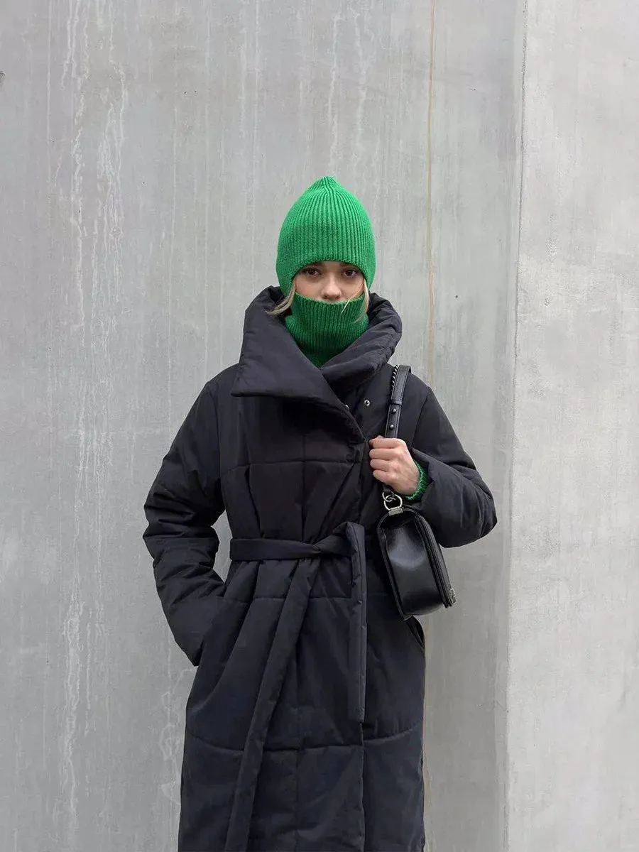 Bornladies Frauen Lose Steppjacken Parkas Wintermäntel Übergroße Warme Lange Gürtel Pufferjacken Damen Baumwolle Gefütterte Jacke