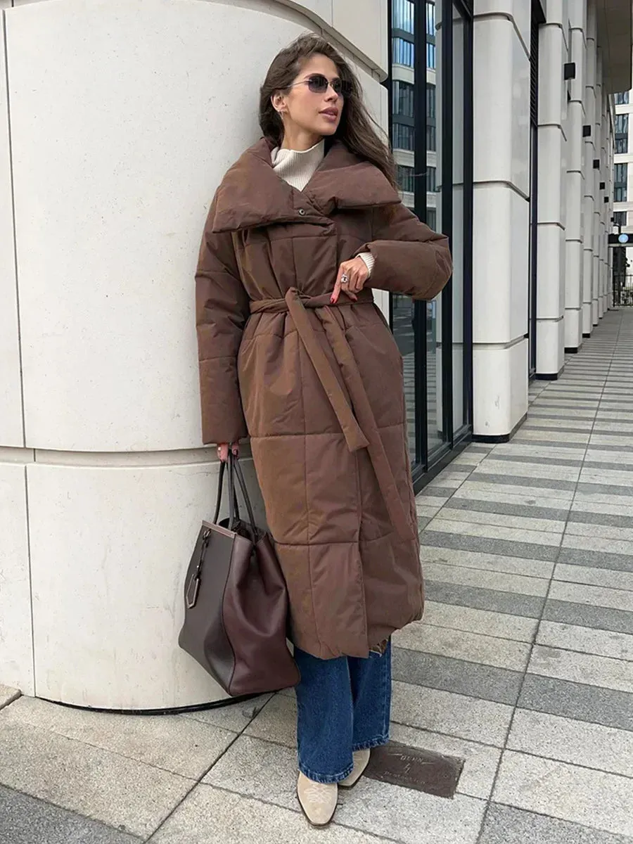 Bornladies Frauen Lose Steppjacken Parkas Wintermäntel Übergroße Warme Lange Gürtel Pufferjacken Damen Baumwolle Gefütterte Jacke