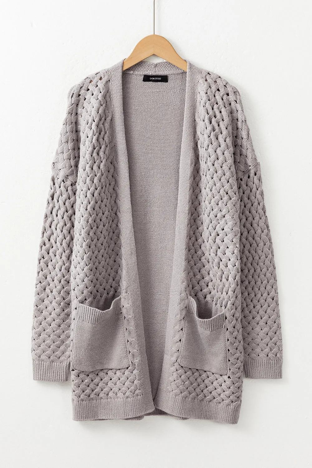 Brown Open Front Woven Texture Knitted Cardigan with Pockets