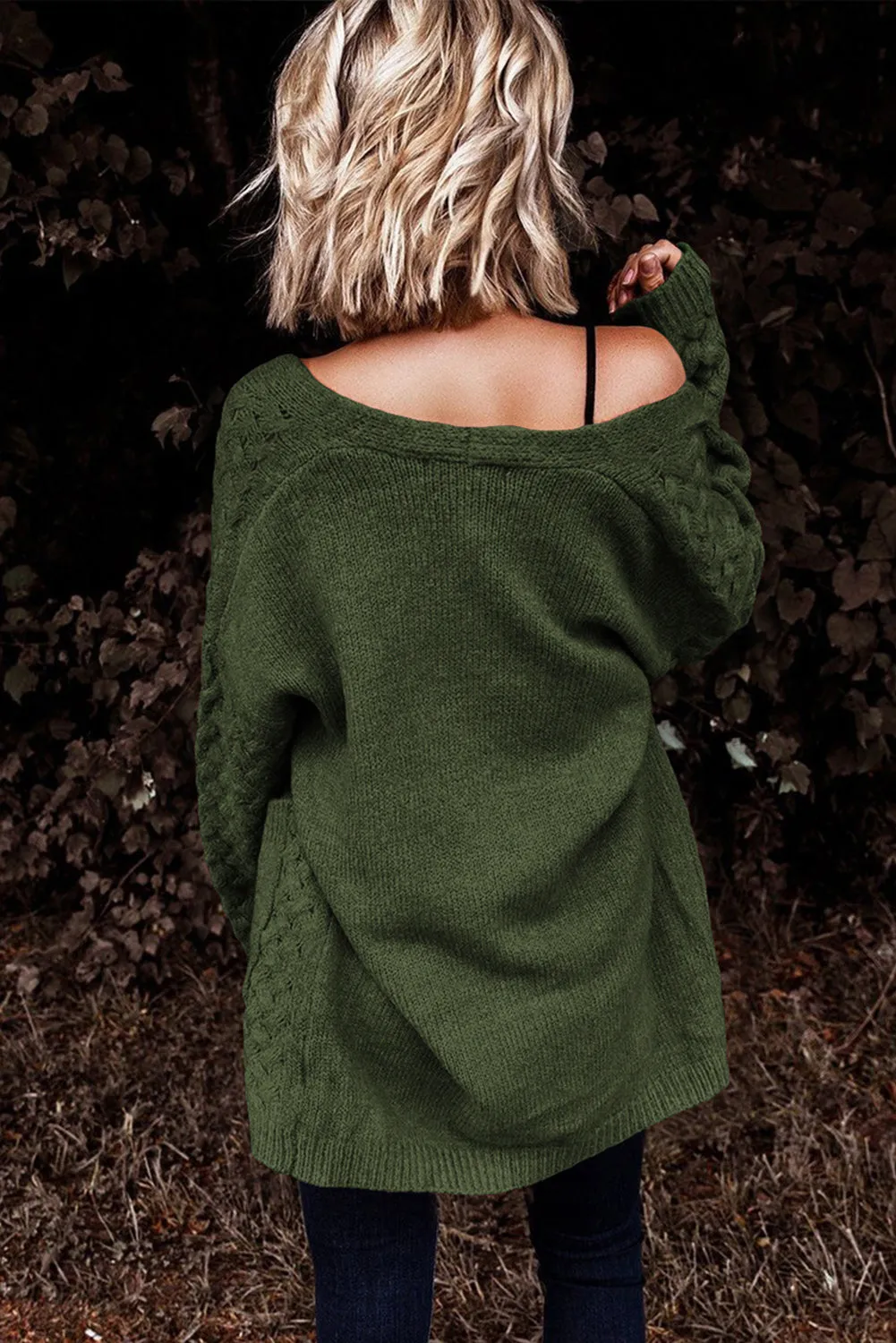 Brown Open Front Woven Texture Knitted Cardigan with Pockets
