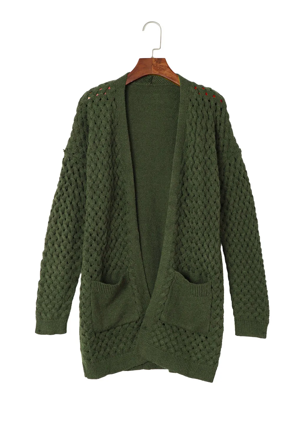 Brown Open Front Woven Texture Knitted Cardigan with Pockets