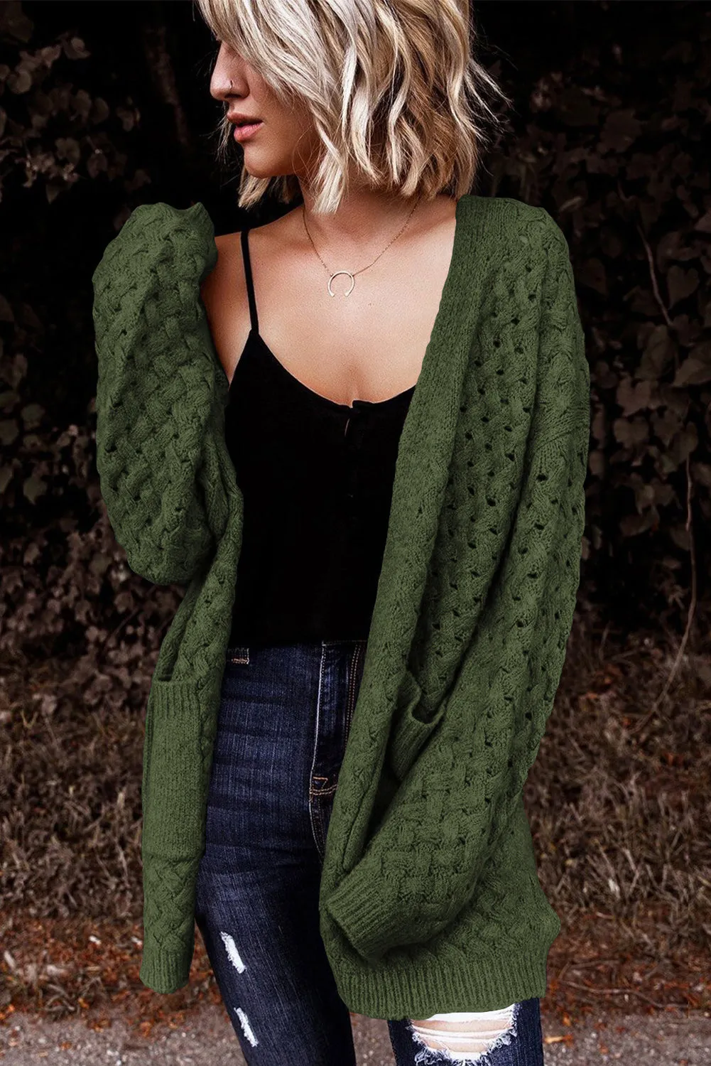 Brown Open Front Woven Texture Knitted Cardigan with Pockets