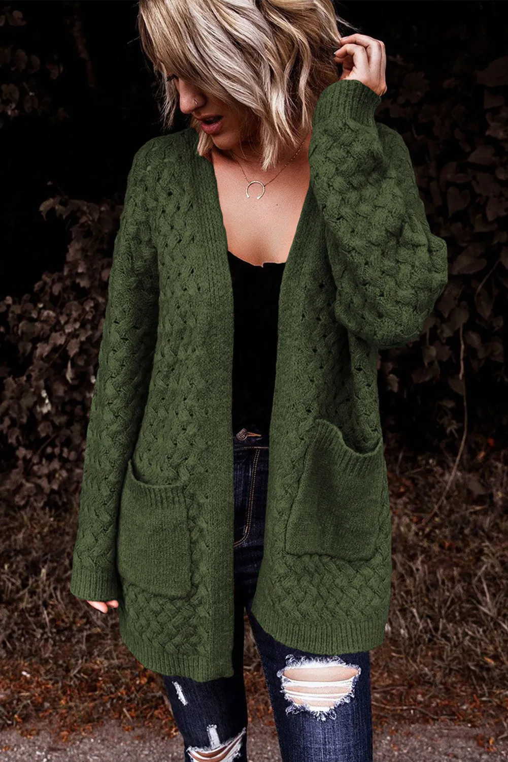 Brown Open Front Woven Texture Knitted Cardigan with Pockets