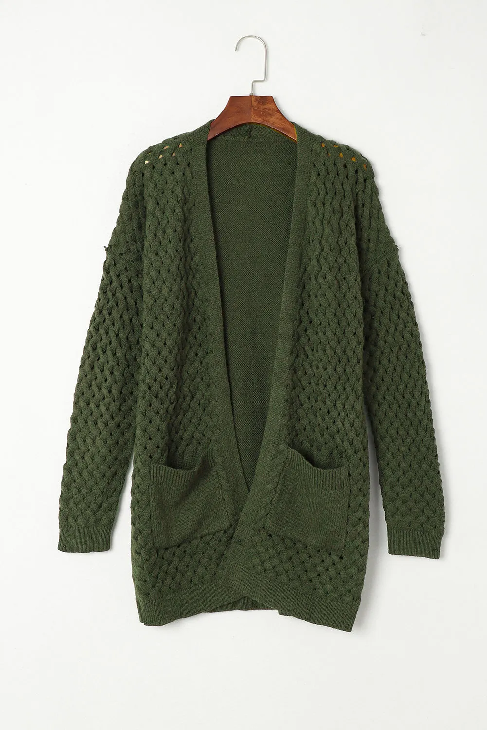Brown Open Front Woven Texture Knitted Cardigan with Pockets