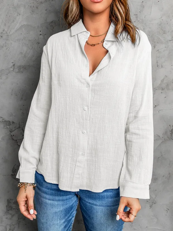 Casual Long Sleeves Loose Solid Color Lapel Collar Blouses