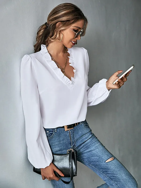 Casual Puff Sleeves Loose Falbala Solid Color V-Neck Blouses&Shirts Tops