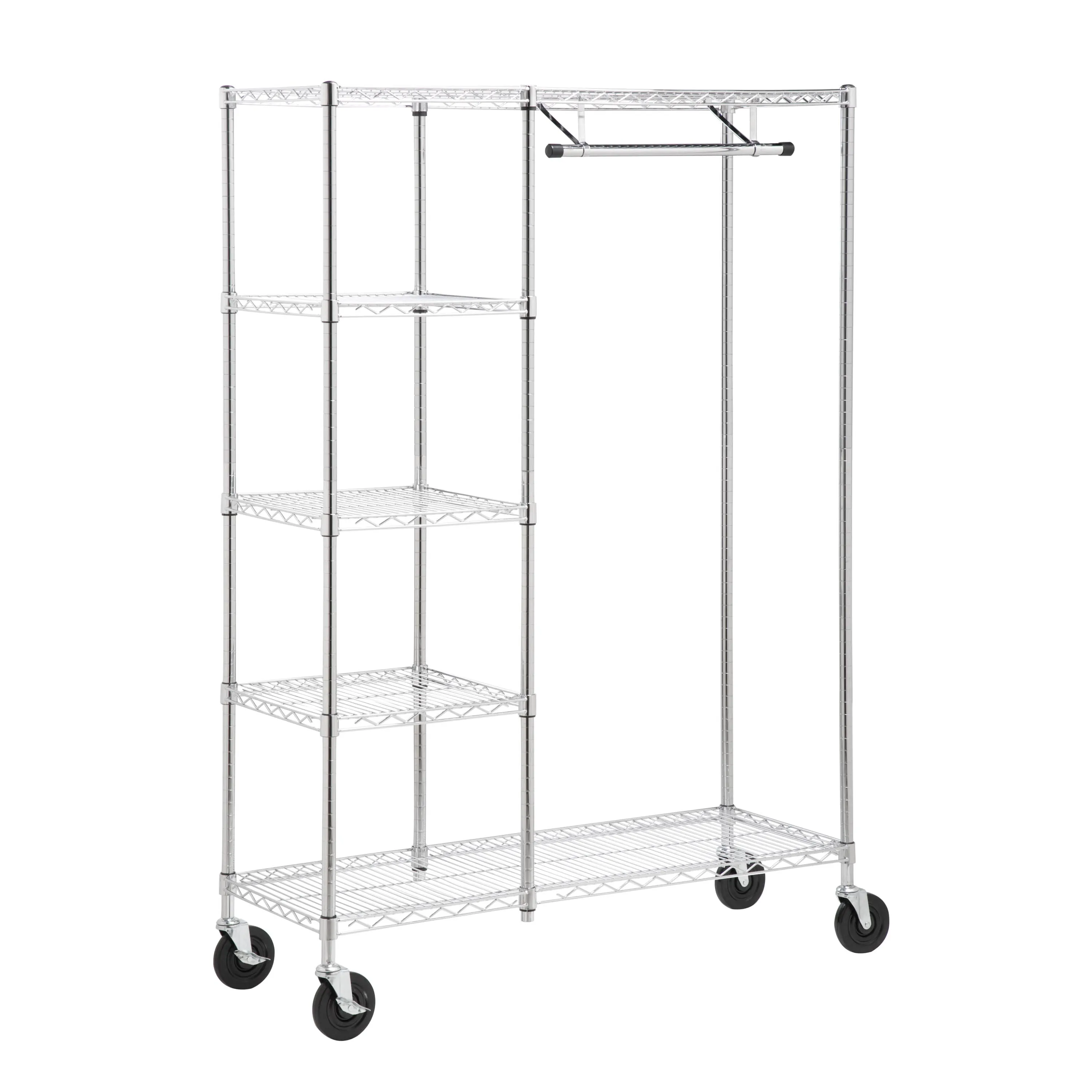 Chrome Rolling Closet with Garment Bar and Shelves