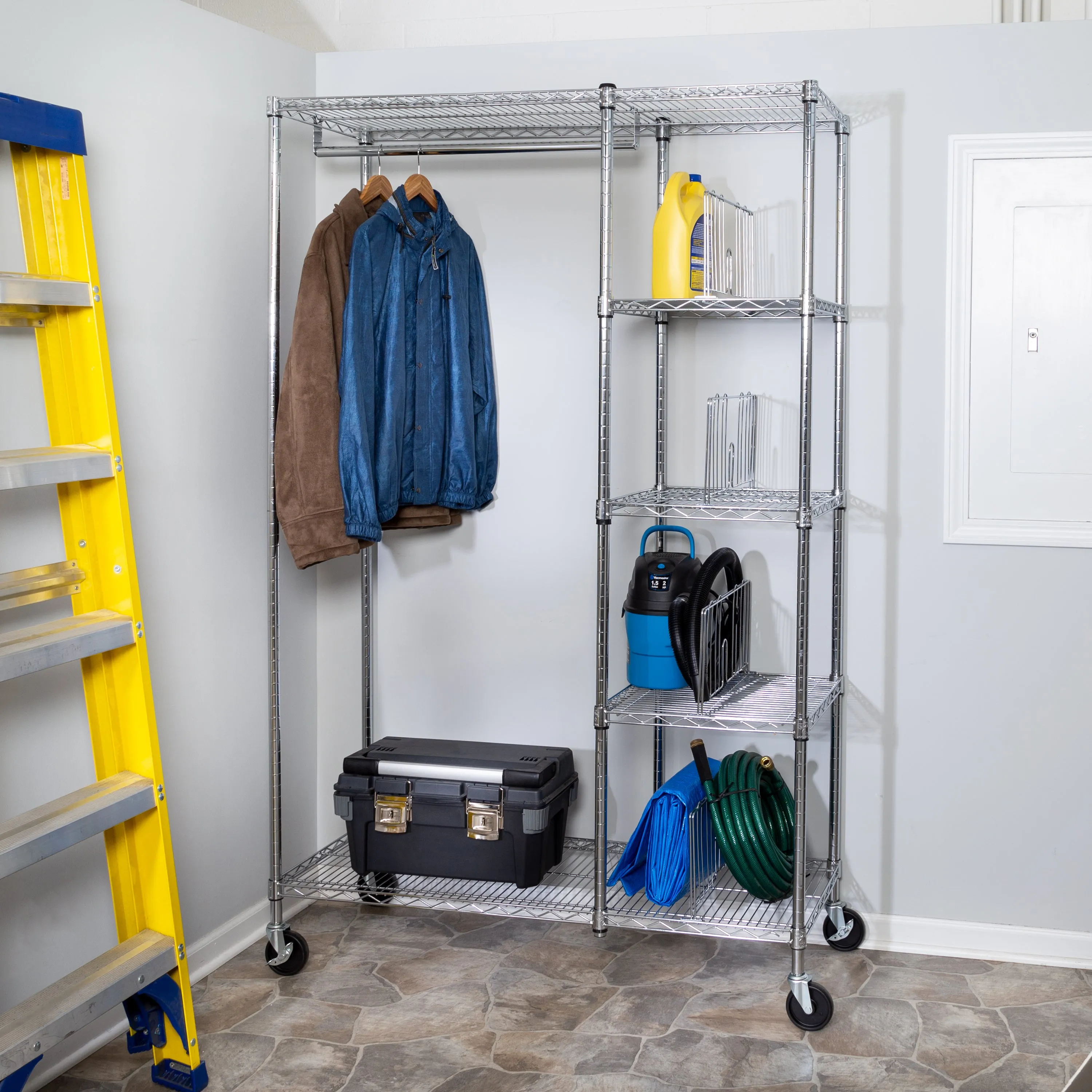 Chrome Rolling Closet with Garment Bar and Shelves