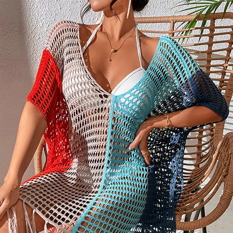 deanwangkt  Sexy Hollow Out Beach Cover Ups for Women Patchwork Pink Red Boho Dress Fringe V Neck Bikini Cover Up  Trend Bohemian Tunic