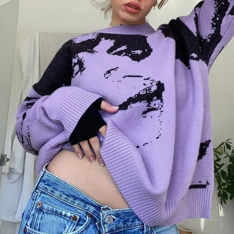 DressBetty - Loose Portrait Print Knitted Sweater