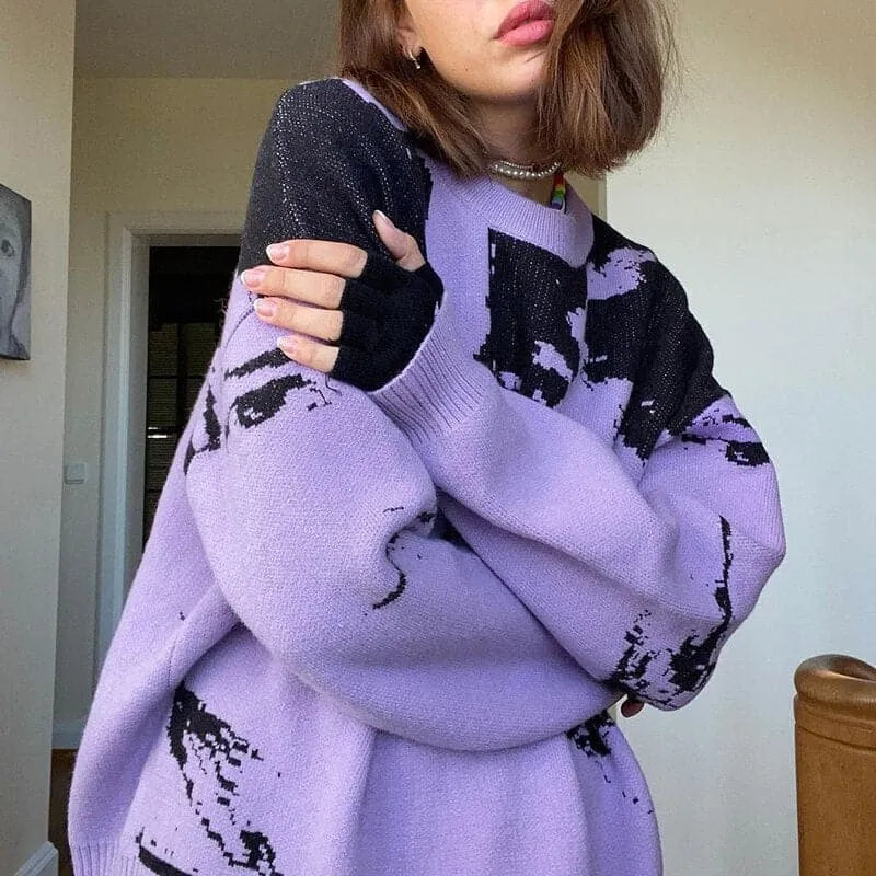 DressBetty - Loose Portrait Print Knitted Sweater