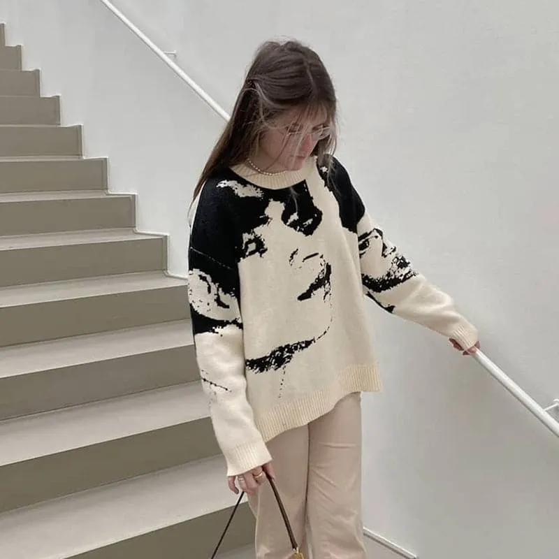 DressBetty - Loose Portrait Print Knitted Sweater