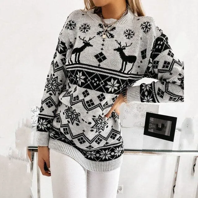 DressBetty - Women AutumnWinter Printed Sweater O-Neck Snowflake Christmas Top Christmas Pullover Knitted Top Shirt