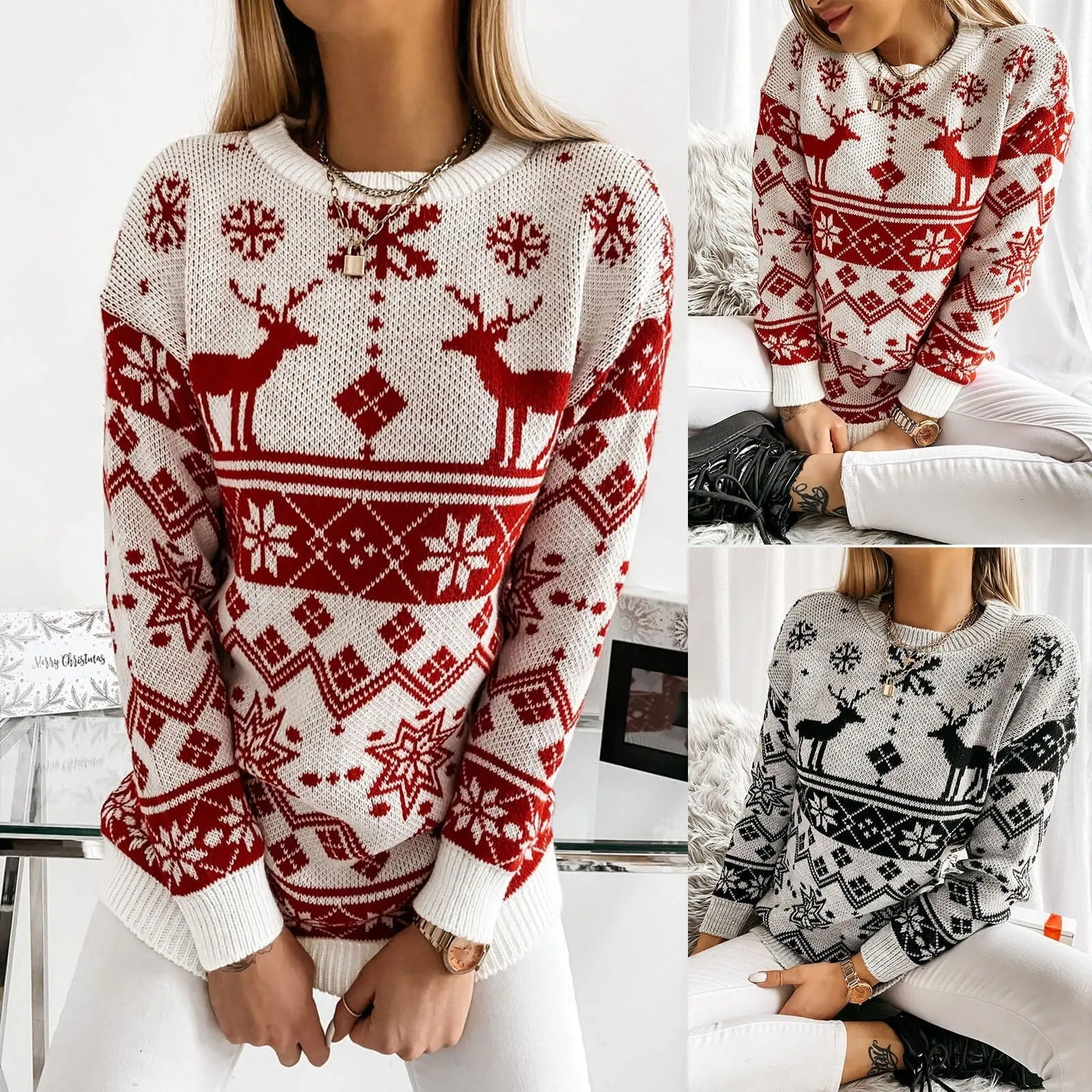 DressBetty - Women AutumnWinter Printed Sweater O-Neck Snowflake Christmas Top Christmas Pullover Knitted Top Shirt