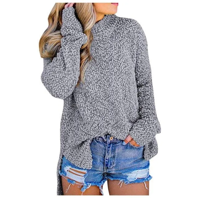 DressBetty - Womens Fuzzy Knitted Sweater Sherpa Fleece Side Slit Full Sleeve Jumper Outwears Long Sleeve Top Winter Clothes