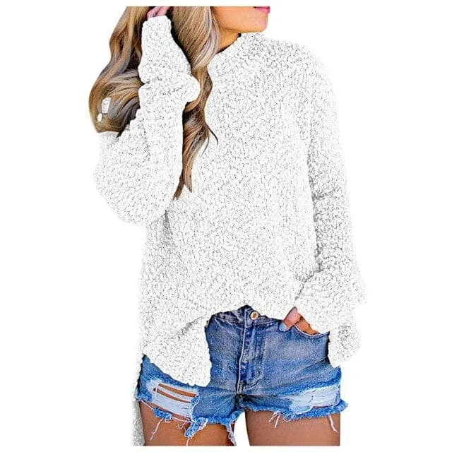DressBetty - Womens Fuzzy Knitted Sweater Sherpa Fleece Side Slit Full Sleeve Jumper Outwears Long Sleeve Top Winter Clothes