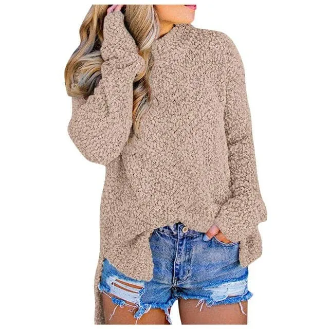 DressBetty - Womens Fuzzy Knitted Sweater Sherpa Fleece Side Slit Full Sleeve Jumper Outwears Long Sleeve Top Winter Clothes