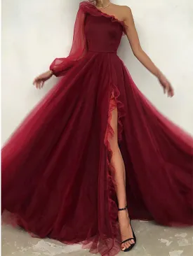 Elegant Burgundy One Shoulder Long Sleeve Tulle Ruffle A-line Long Prom Dresses Evening Dress, OL840