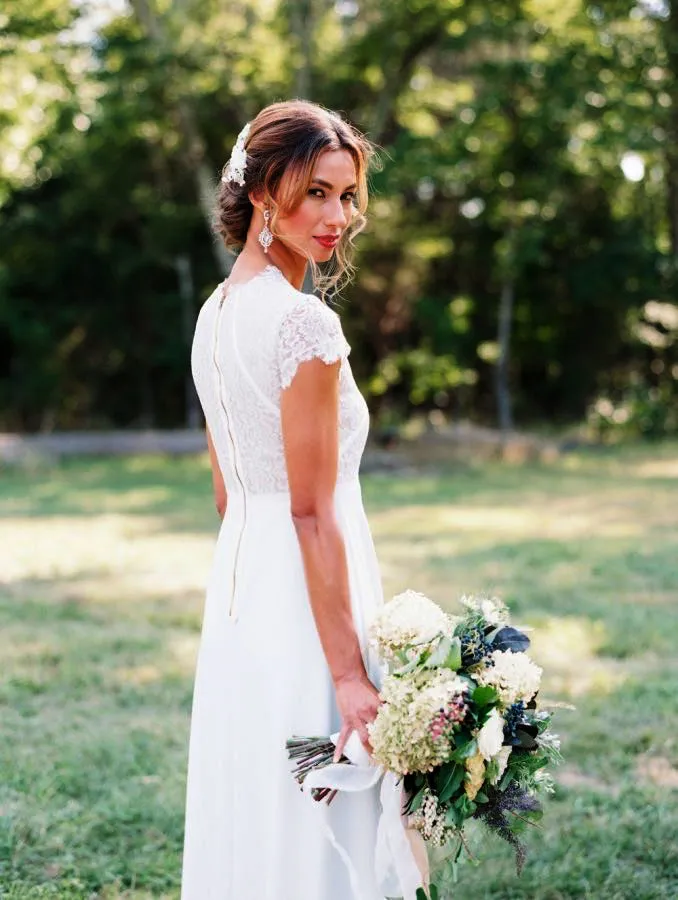 Elegant Cap Sleeve Unique Neckline Lace Satin Wedding Dresses,DB0151