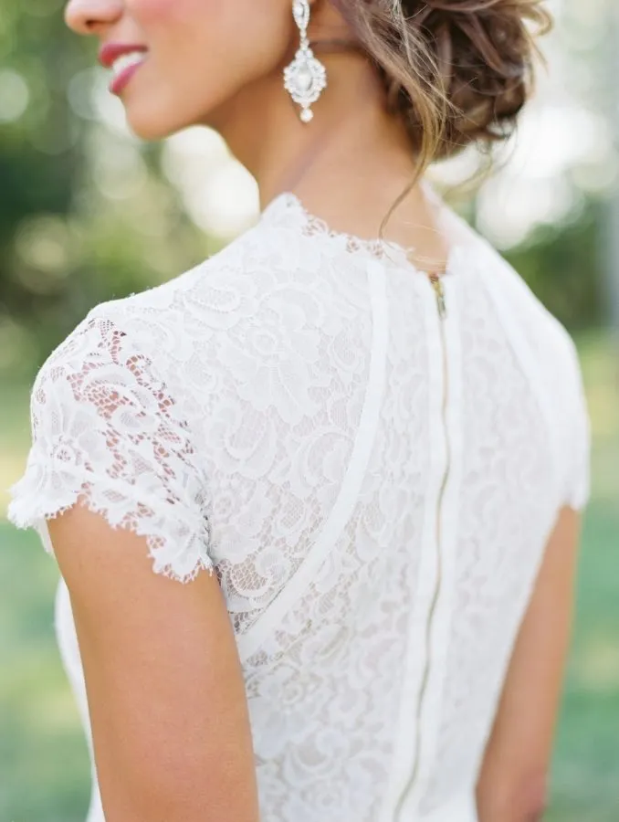 Elegant Cap Sleeve Unique Neckline Lace Satin Wedding Dresses,DB0151