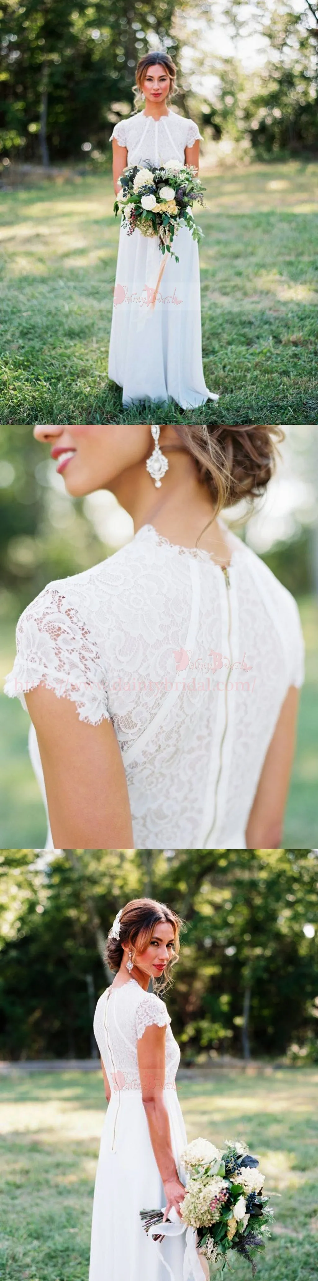 Elegant Cap Sleeve Unique Neckline Lace Satin Wedding Dresses,DB0151
