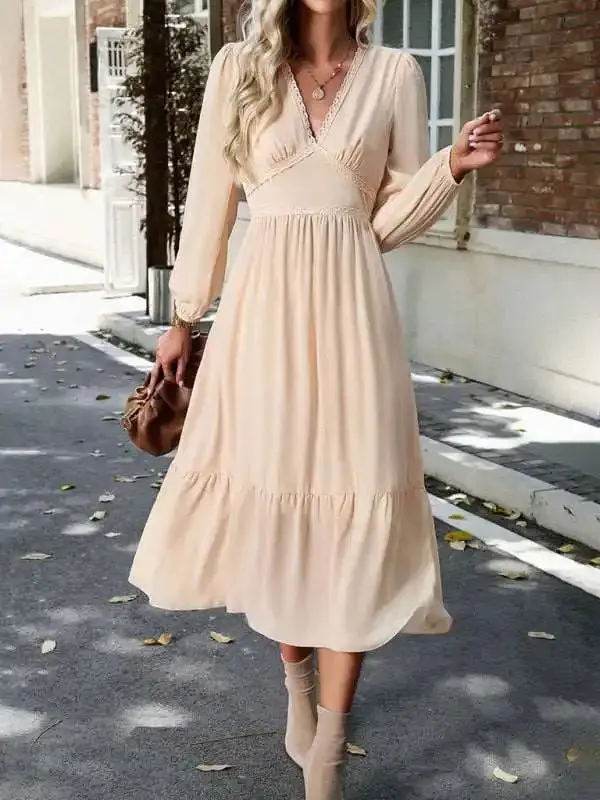 Elegant lace solid color V-neck dress