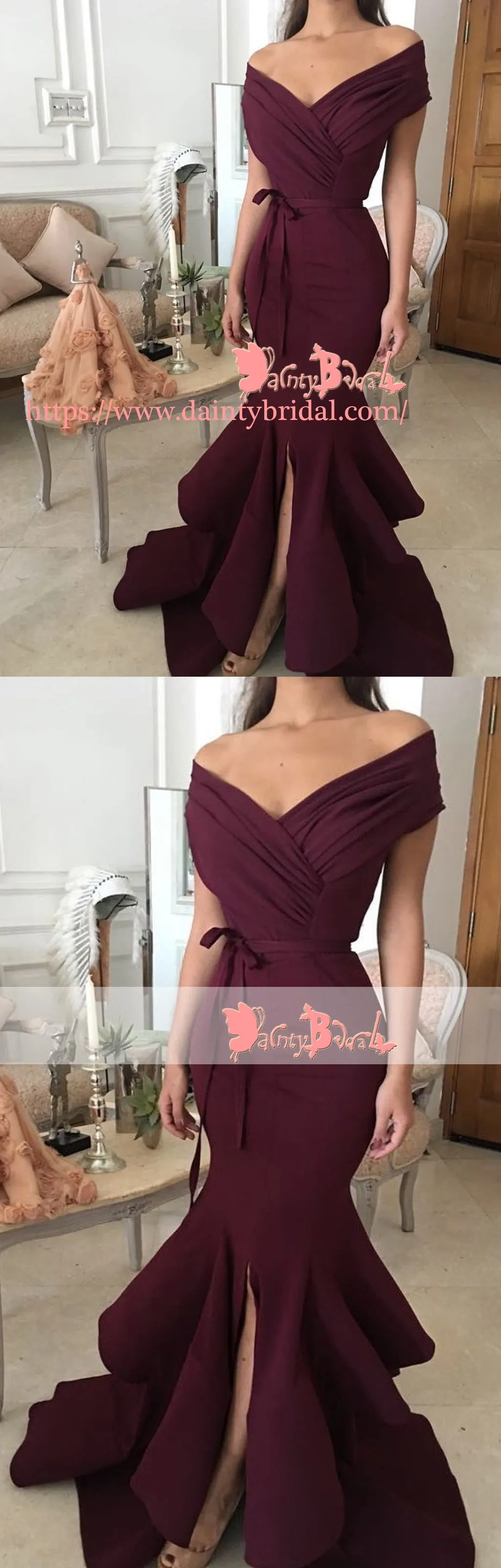 Elegant Maroon Off Shoulder Pleating V-neck  Ruffles Mermaid With Split Prom Gown Dresses. DB1053