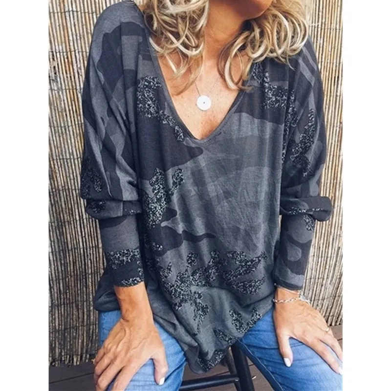 Fashion all-match V-neck camouflage print long-sleeved T-shirt loose top