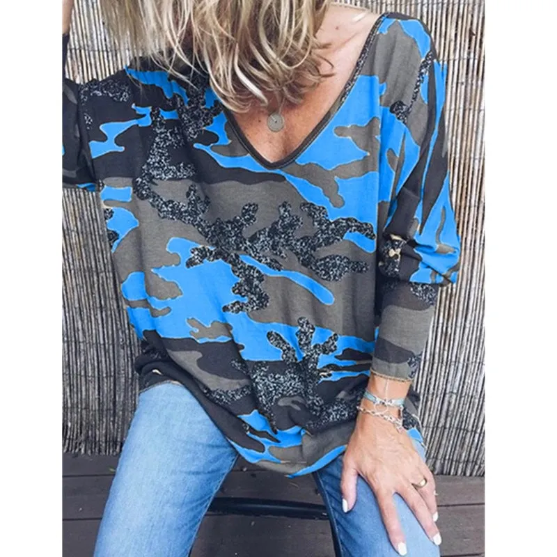 Fashion all-match V-neck camouflage print long-sleeved T-shirt loose top