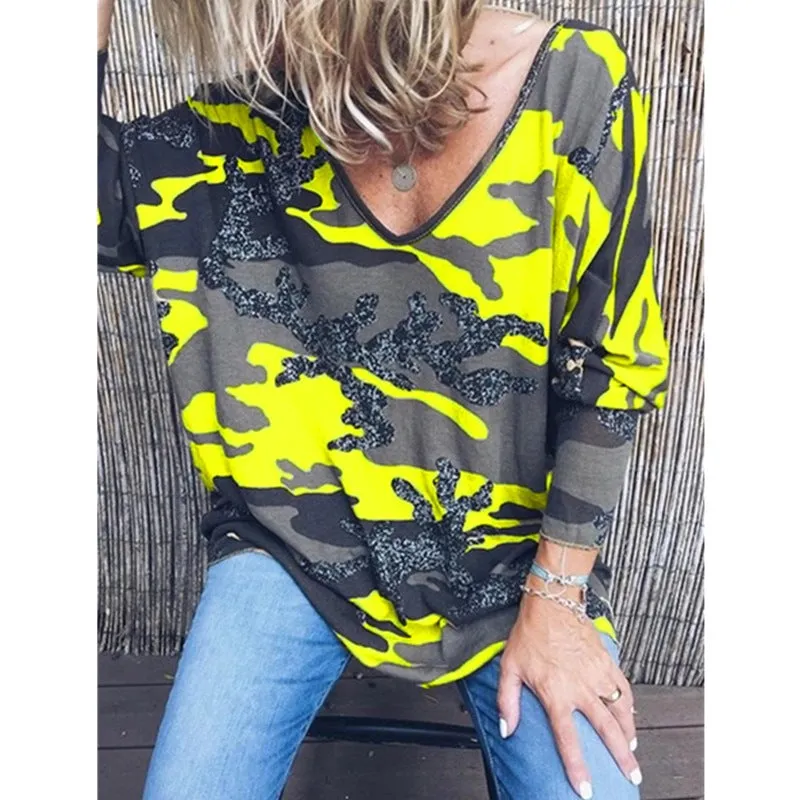 Fashion all-match V-neck camouflage print long-sleeved T-shirt loose top