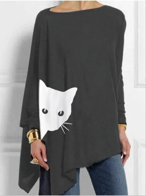 Fashion casual irregular cat print long sleeve T-shirt