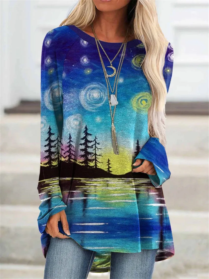 Fashion casual landscape print long sleeve top