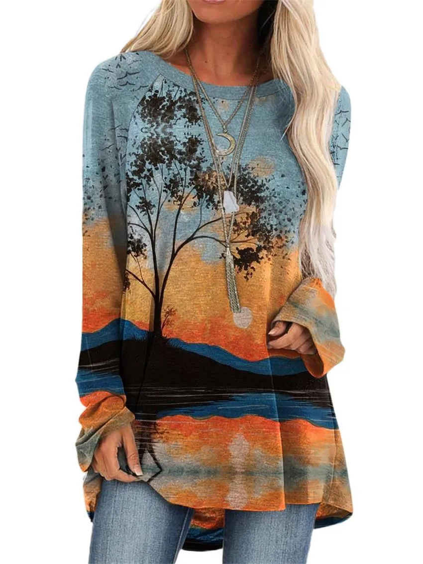 Fashion casual landscape print long sleeve top