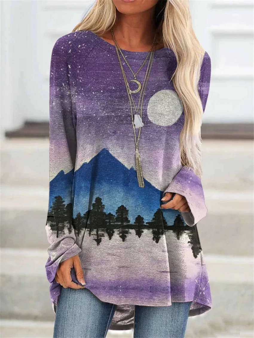 Fashion casual landscape print long sleeve top