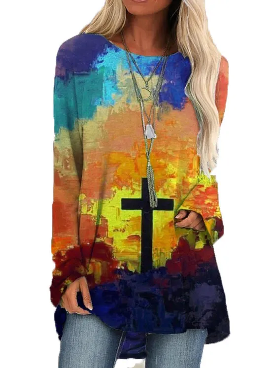 Fashion casual landscape print long-sleeved top pullover