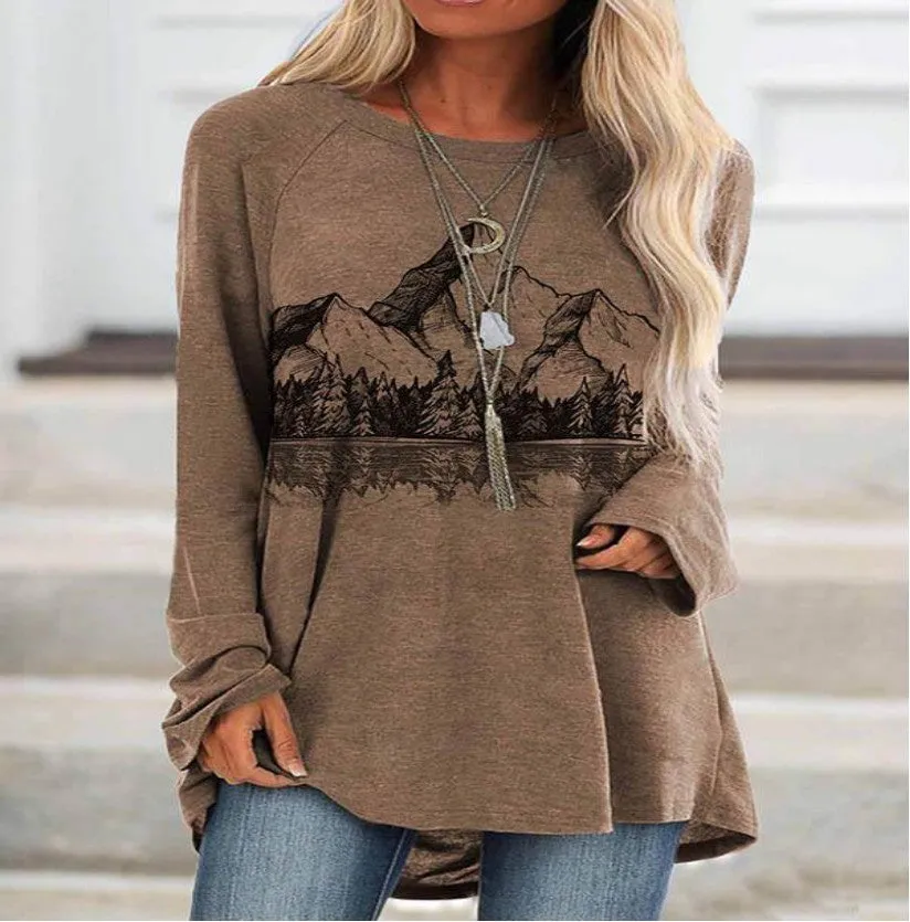 Fashion casual raglan sleeve long sleeve mid-length landscape print T-shirt