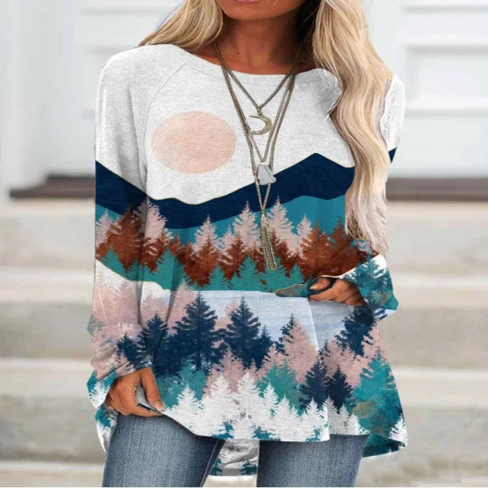 Fashion casual raglan sleeve long sleeve mid-length landscape print T-shirt