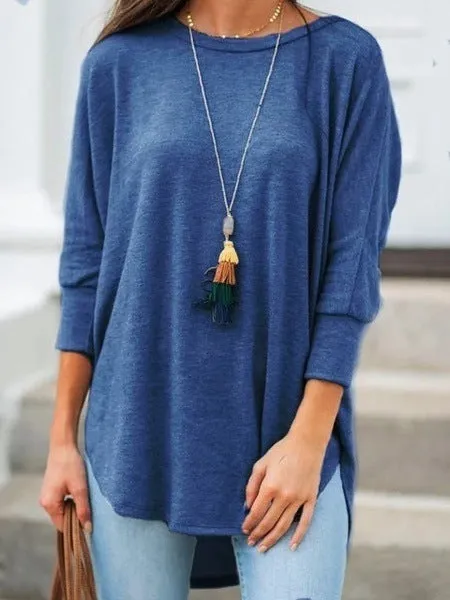 Fashion casual solid color loose casual round neck three-quarter sleeve top