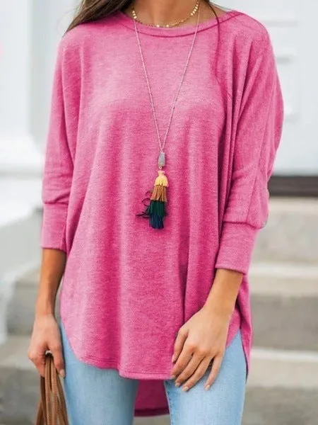 Fashion casual solid color loose casual round neck three-quarter sleeve top