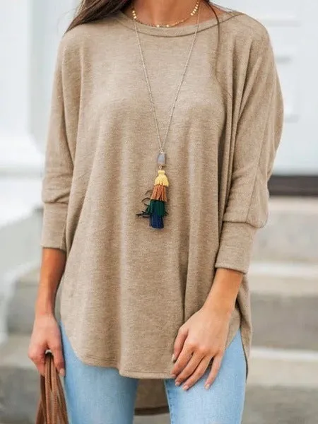 Fashion casual solid color loose casual round neck three-quarter sleeve top
