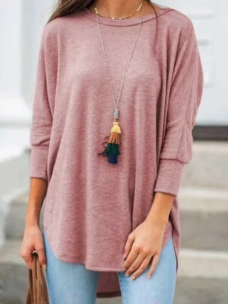 Fashion casual solid color loose casual round neck three-quarter sleeve top