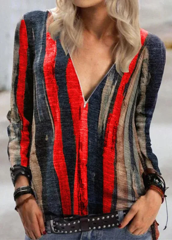 Fashion casual tie-dye stripe printing long-sleeved T-shirt V-neck zipper top women