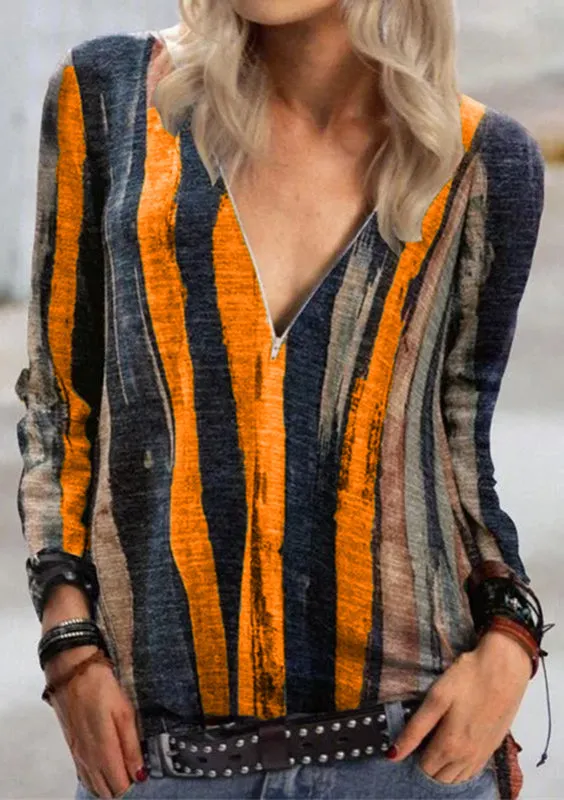 Fashion casual tie-dye stripe printing long-sleeved T-shirt V-neck zipper top women